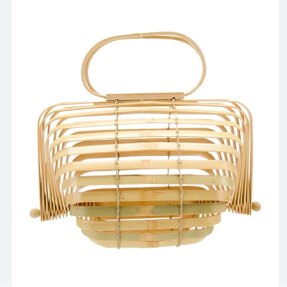 Cult Gaia Lilleth Natural Bamboo Wood Woven Folding Picnic Handbag Purse Large